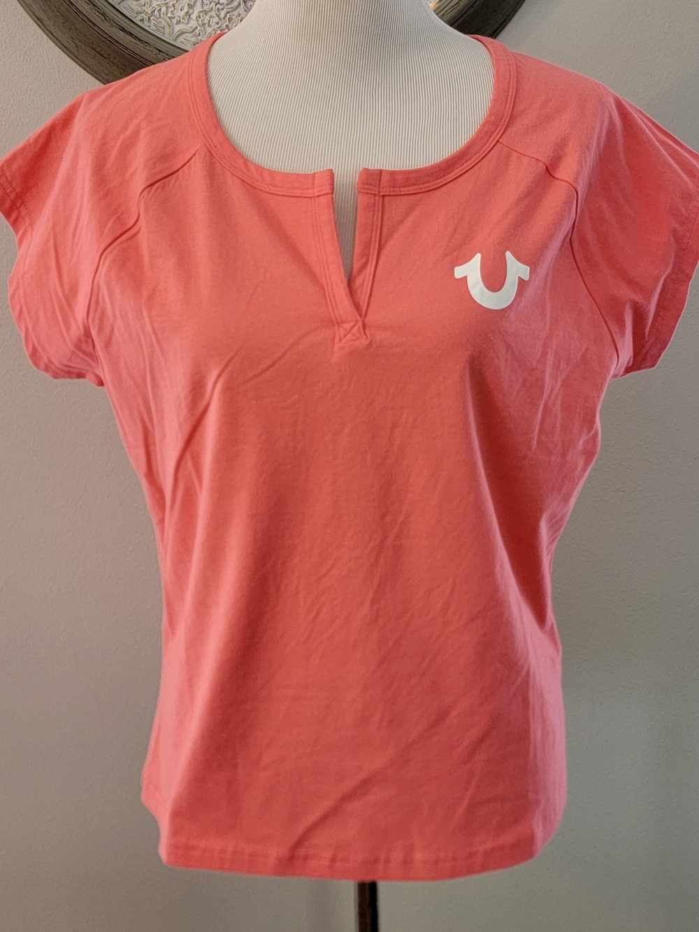 Coral Short-Sleeve Scoop Neck Tee with Notch
